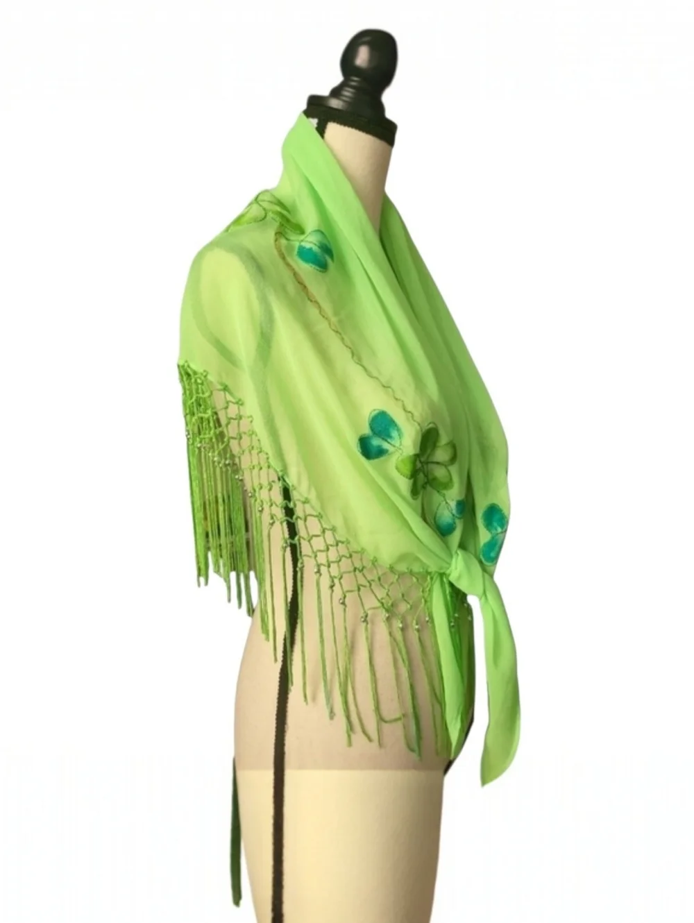 Rima Handpainted Green Floral Triangle Scarf Chiffon Terivoile Fringe